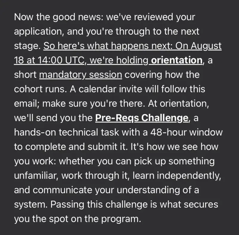 The Turbin3 acceptance email, announcing orientation and the 48-hour Pre-Reqs Challenge